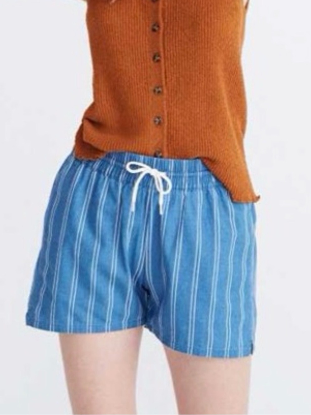 Madewell Women’s XL Blue Striped Pull-On Shorts Cotton Lyocell Drawstrin